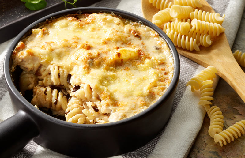 Gratin de pâtes au Beaufort et aux champignons