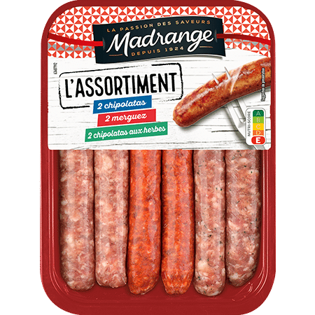 assortiment chipolatas nature, chipolatas aux herbes et merguez