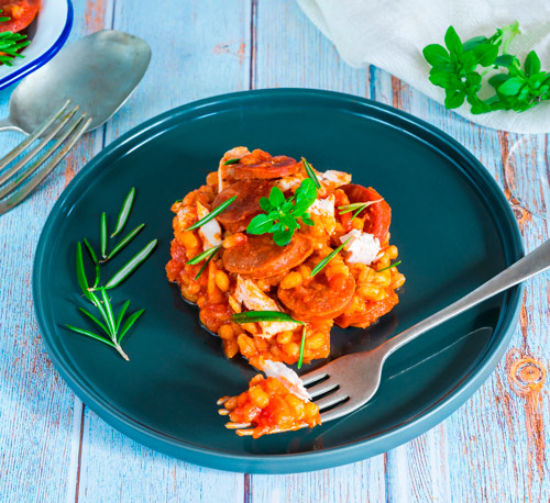 Risotto de blé, mini-saucisses saveur chorizo et tomate - Madrange