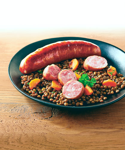 Lentilles saucisses, recette facile, saucisses fumées - Madrange