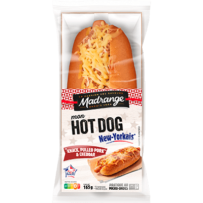 Mon hot-dog New-Yorkais <br><i>Knack, pulled pork & Cheddar</i>