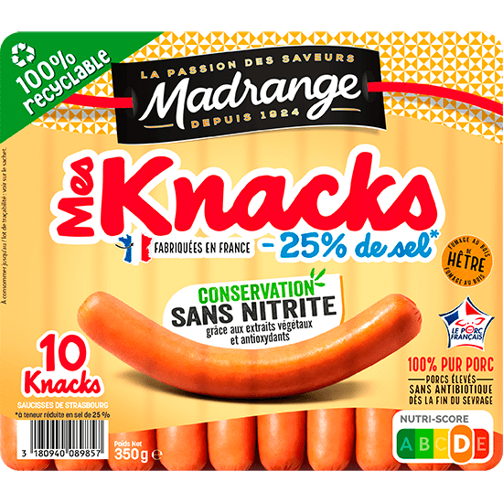 Mes Knacks Conservation sans nitrite -25% de sel* avec emballage entièrement recyclable